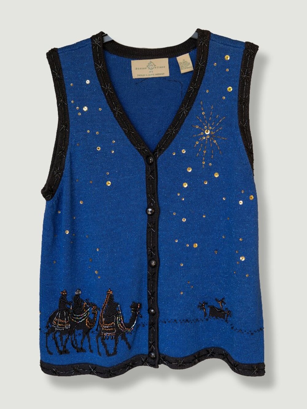 Design Options Christmas Vest Christian Nativity  Beaded Embellished Royal Blue